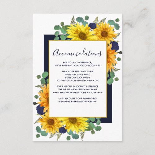 Rustic Sunflower Navy Roses Wedding Accommodations Enclosure Card