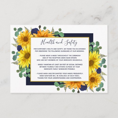 Rustic Sunflower Navy Roses Wedding Health Safety Enclosure Card