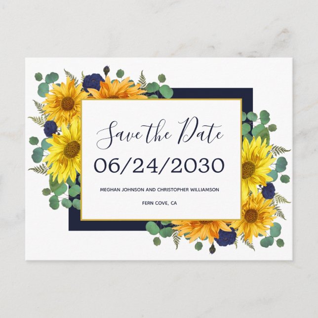 Rustic Sunflower Navy Roses Wedding Save the Date Announcement Postcard (Front)