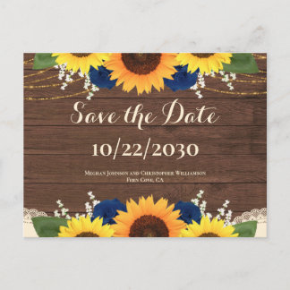 Rustic Sunflower Navy Roses Wedding Save the Date  Postcard
