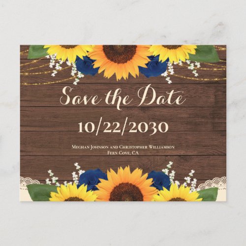 Rustic Sunflower Navy Roses Wedding Save the Date  Postcard