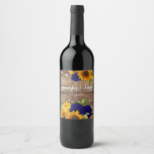 Rustic Sunflower  Navy Roses Wine Label