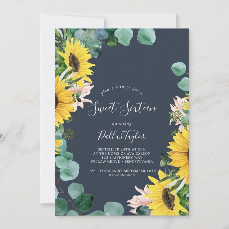 Rustic Sunflower | Navy Sweet Sixteen Birthday Invitation | Zazzle