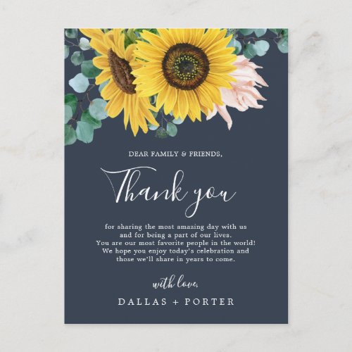 Rustic Sunflower  Navy Thank You Reception Card