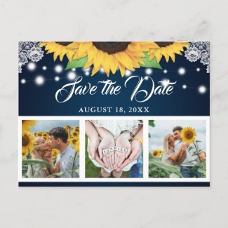 Rustic Sunflower Navy Wedding Photo Save The Date Announcement Postcard