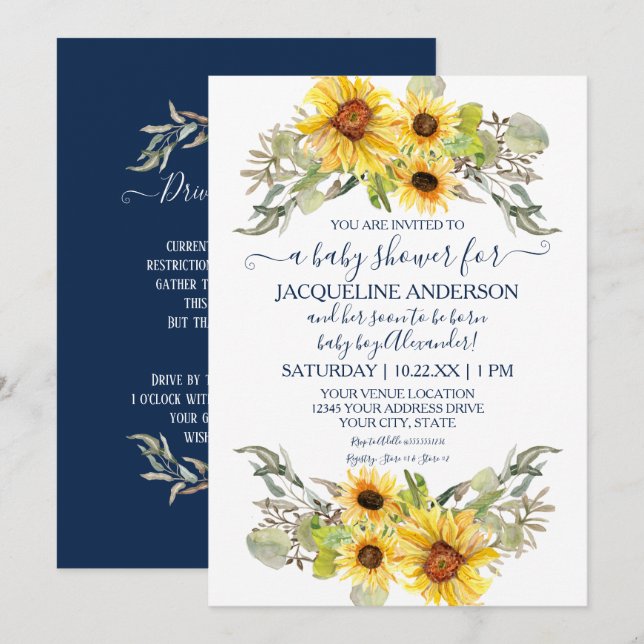 Rustic Sunflower Navy White Drive By Baby Shower Invitation (Front/Back)