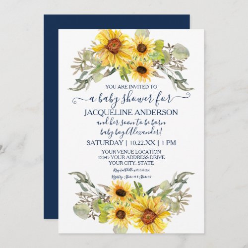 Rustic Sunflower Navy White Drive By Baby Shower Invitation
