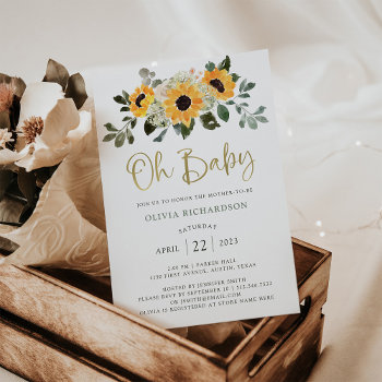 Rustic Sunflower | Oh Baby Shower Gold Script Invitation by christine592 at Zazzle