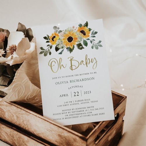 Rustic Sunflower  Oh Baby Shower Gold Script Invitation