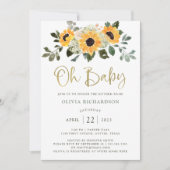Rustic Sunflower | Oh Baby Shower Gold Script Invitation (Front)