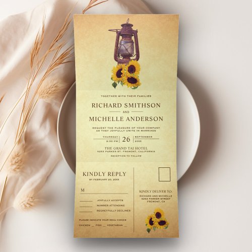 Rustic Sunflower Oil Lantern All in One Wedding Tri_Fold Invitation