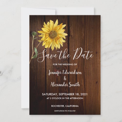 Rustic sunflower on barn wood country wedding save the date