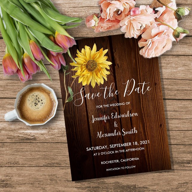 Rustic sunflower on barn wood country wedding save the date (Rustic sunflower on barn wood country wedding save the date card. For your rustic country wedding.)