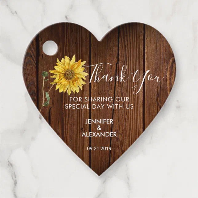 Rustic sunflower on barn wood wedding thank you favor tags | Zazzle