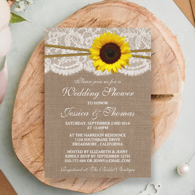 Rustic Sunflower On Burlap & Lace Wedding Shower Invitation (Creator Uploaded)