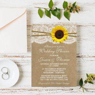 Rustic Sunflower On Kraft & Lace Wedding Shower Invitation
