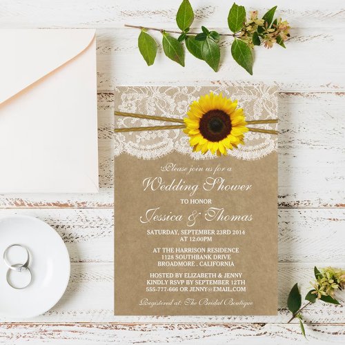Rustic Sunflower On Kraft  Lace Wedding Shower Invitation