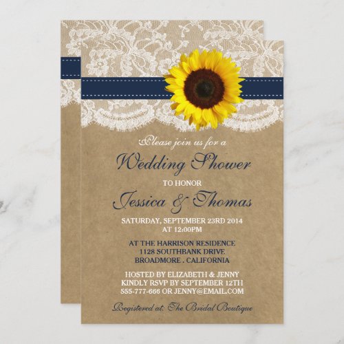 Rustic Sunflower On Kraft  Lace Wedding Shower Invitation