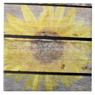 Rustic Sunflower On Wood Ceramic Tile