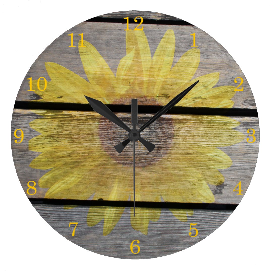 Rustic Sunflower On Wood Large Clock | Zazzle