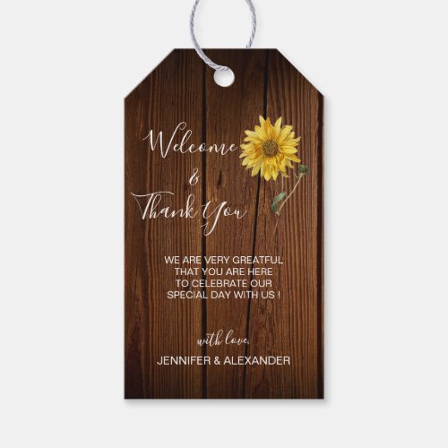 Rustic sunflower on wood wedding Welcome bag Gift Tags