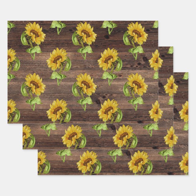 Rustic Sunflower on Wood Wrapping Paper Sheets (Set)