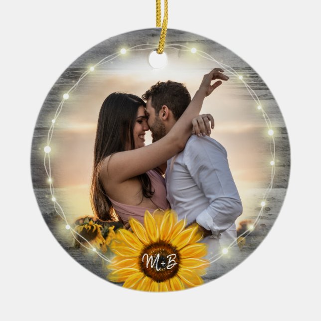 Rustic Sunflower Our First Christmas Photo Ceramic Ornament (Front)