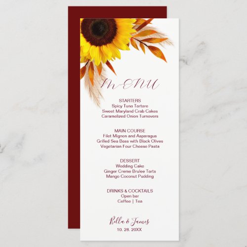 Rustic Sunflower Pampas Grass Wedding Menu