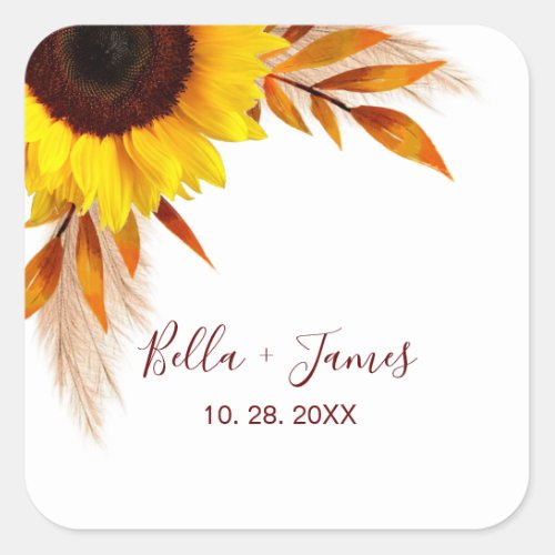 Rustic Sunflower Pampas Grass Wedding Square Sticker