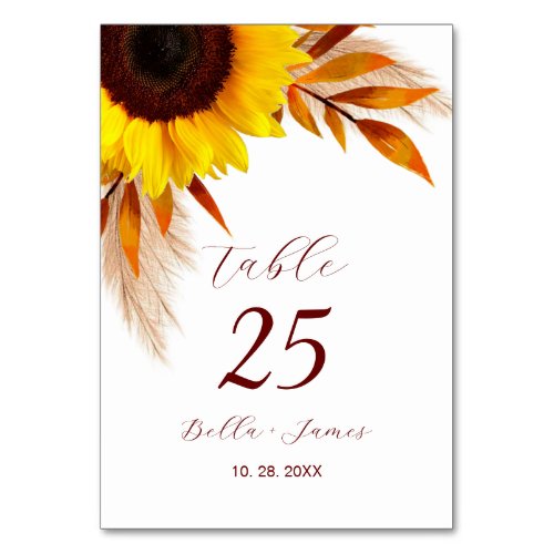 Rustic Sunflower Pampas Grass Wedding Table Number