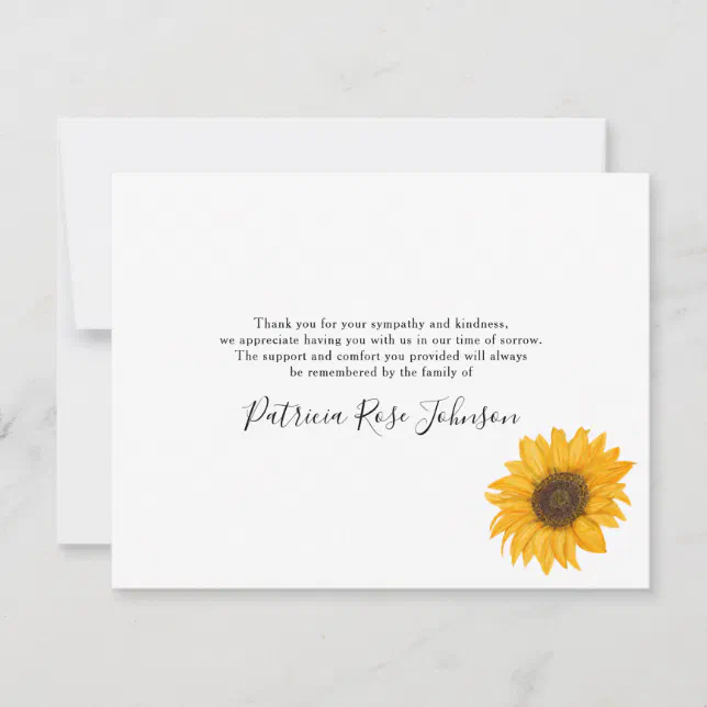 Rustic Sunflower Pattern Funeral Sympathy Thank You Card | Zazzle