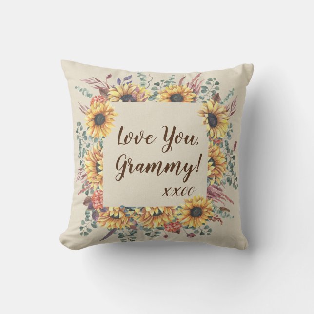Rustic Sunflower Personalized Grammy Throw Pillow (Front)