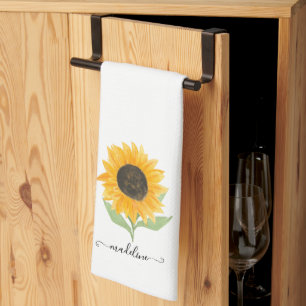 Rustic Sunflower Personalized Name Script Kitchen Towel