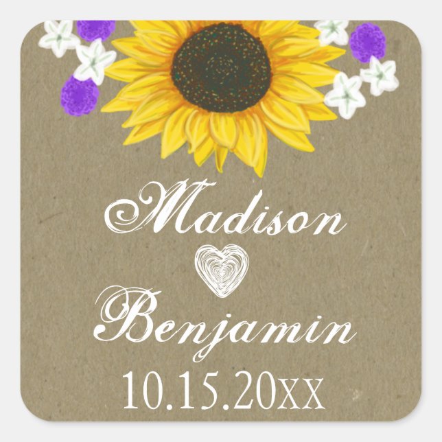 Rustic Sunflower Personalized Wedding Stickers (Front)