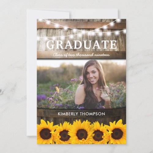 Rustic Sunflower Photo 2022 Graduation Party Invitation - Rustic graduation party invitations featuring a country barn oak barrel background, a photo of the graduate, twinkle string lights, summer sunflowers, the class year and modern white wording. You will find matching items further down the page, if however you can't find what you looking for please contact me.