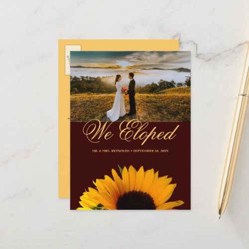 Rustic Sunflower Photo Autumn Elopement Wedding Announcement Postcard