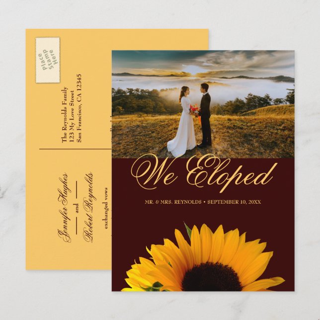 Rustic Sunflower Photo Autumn Elopement Wedding Announcement Postcard (Front/Back)