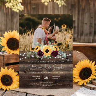Rustic Sunflower Photo Barn Wood Wedding Invitation