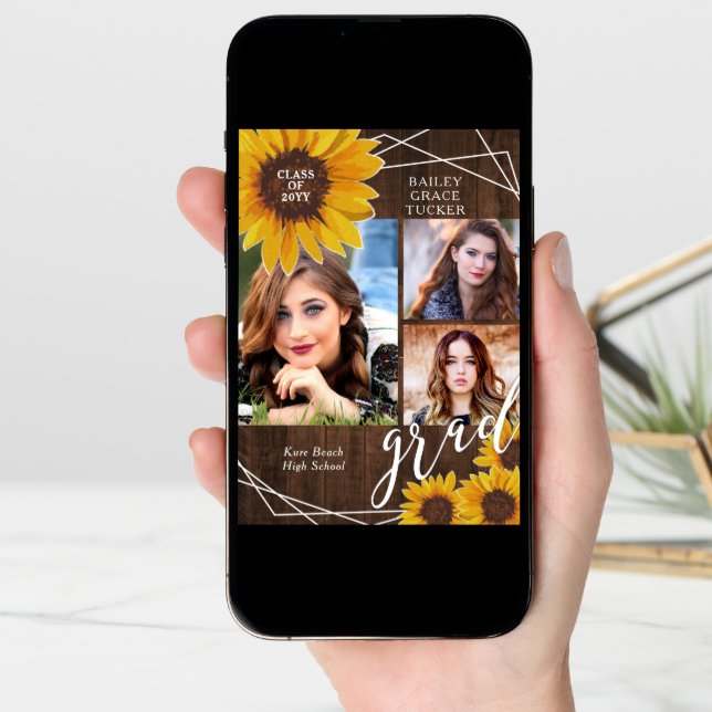 Rustic Sunflower Photo Collage Graduation Announcement (Front Digital)