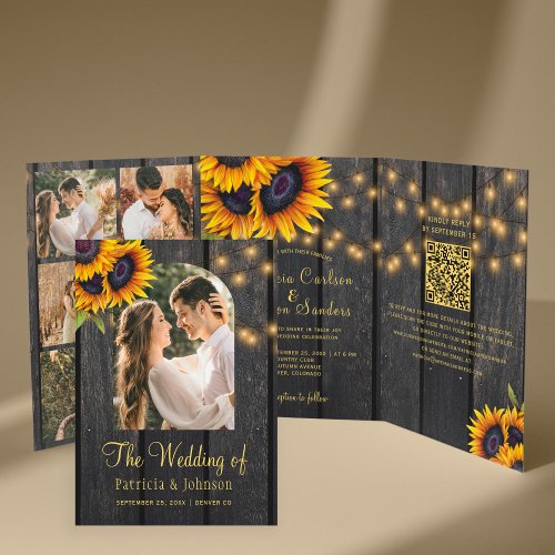 Rustic sunflower photo collage QR RSVP wedding Tri_Fold Invitation