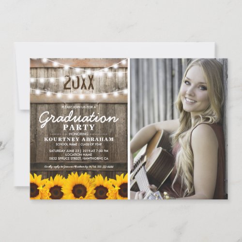 Rustic Sunflower Photo Graduation | Class of 2022 Invitation - Rustic graduation party invitations featuring a country barn oak barrel background, a photo of the graduate, twinkle string lights, yellow sunflowers, the class year and modern white wording. 
Click on the “Customize it” button for further personalization of this template. You will be able to modify all text, including the style, colors, and sizes.
You will find matching items further down the page, if however you can't find what you looking for please contact me.