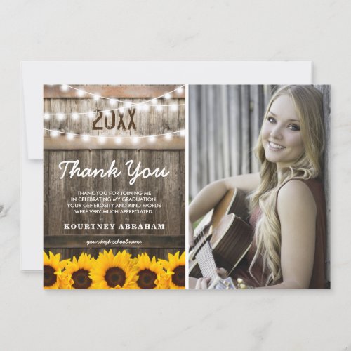 Rustic Sunflower Photo Graduation Photo Thank You - Rustic 2022 graduation thank you cards featuring a country barn oak barrel background, a photo of the graduate, twinkle string lights, yellow sunflowers, the class year and modern white wording. You will be able to modify all text, including the style, colors, and sizes. You will find matching items further down the page, if however you can't find what you looking for please contact me.