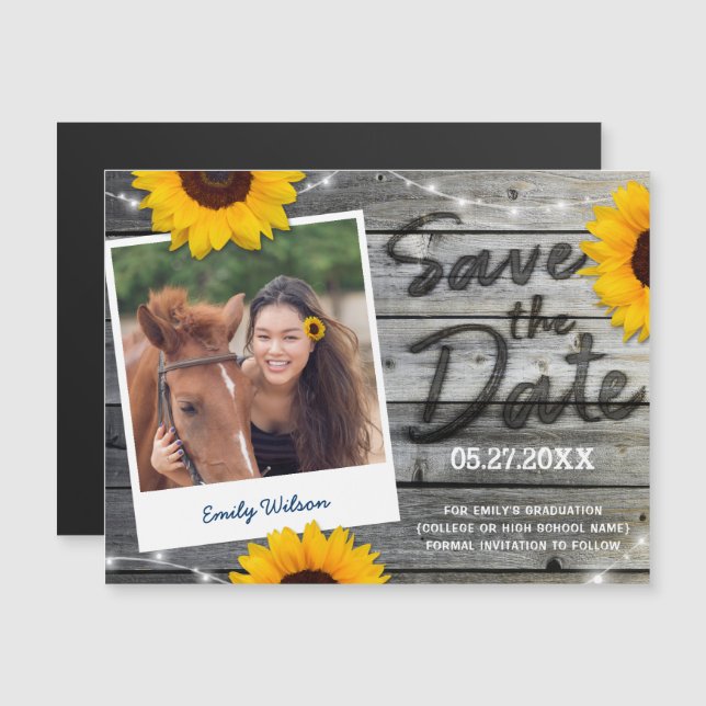 Rustic Sunflower Photo Graduation Save the Date Magnetic Invitation (Front/Back)