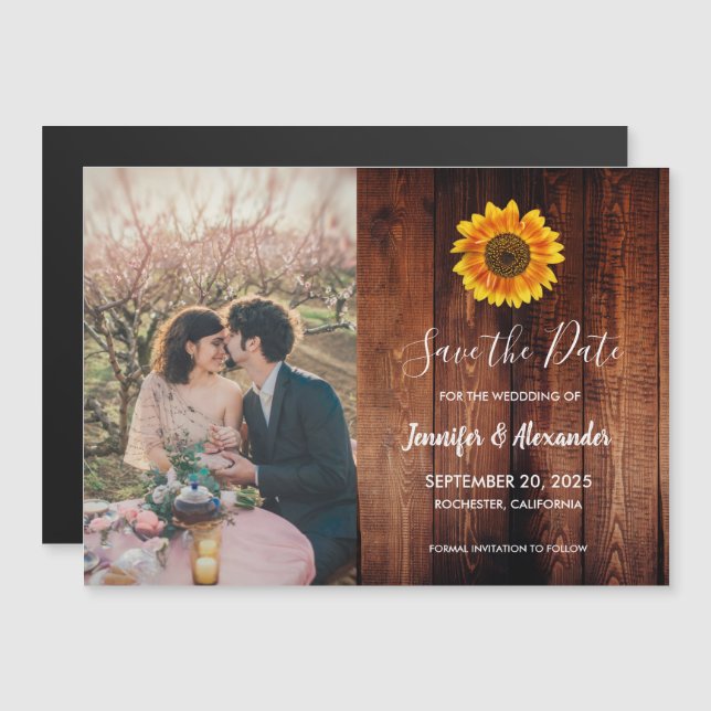 Rustic sunflower photo magnetic Save the Date (Front/Back)