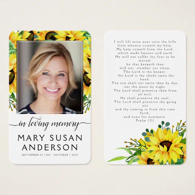 Rustic Sunflower Photo Memorial Prayer Card | Zazzle