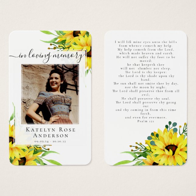 Rustic Sunflower Photo Memorial Prayer Card (Front & Back)