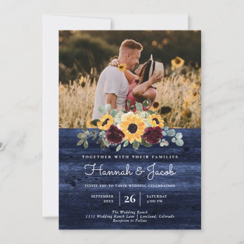 Rustic Sunflower Photo Navy Blue Wood Wedding Invitation