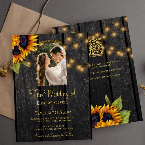 Rustic sunflower photo QR RSVP all in one wedding Invitation