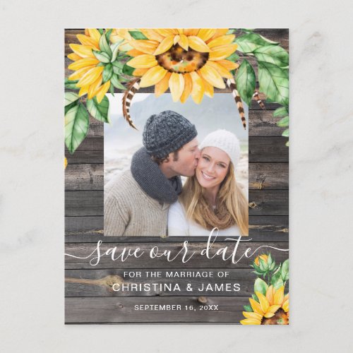 Rustic Sunflower Photo Script Save The Date Announcement Postcard