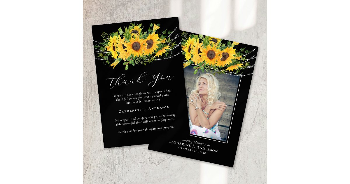 Rustic Sunflower Photo Sympathy Funeral Memorial Thank You Card | Zazzle